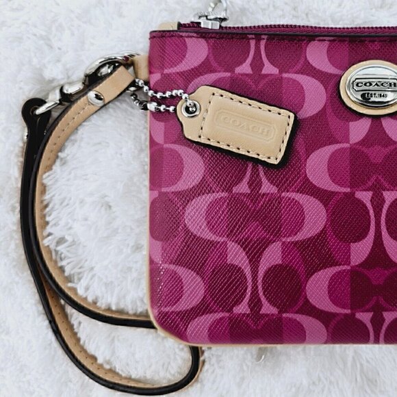 COACH Fushia Signature Logo Canvas and Leather Top Zip Wristlet Wallet Organizer - Picture 16 of 16